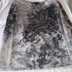 Rock & Republic Sheer Shirt with Fleur and Wings Designs in Grey Tones